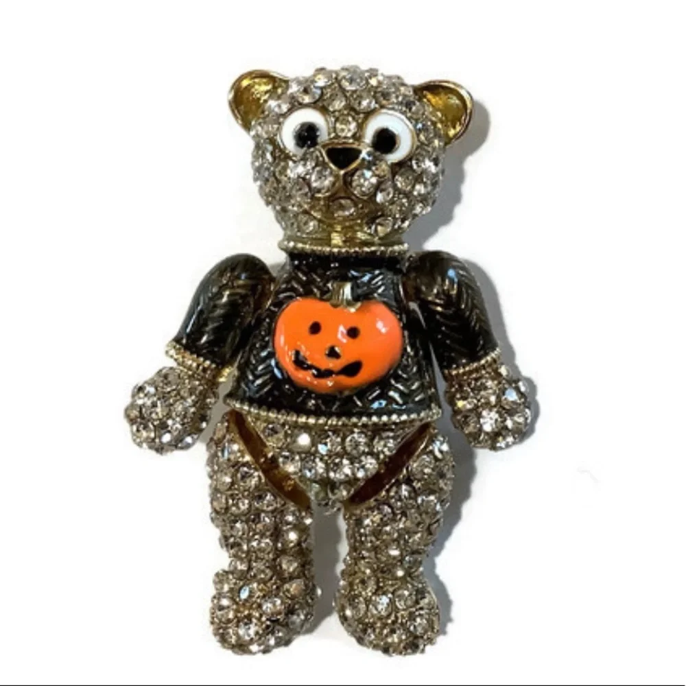 Gold-Tone Crystal Pumpkin Bear Brooch Pin - Picture 2 of 11